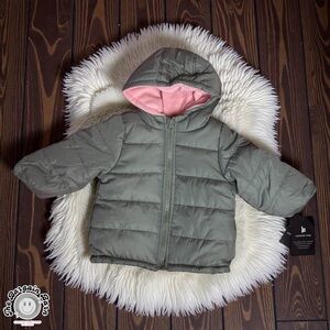 London Fog Toddler Hooded Puffer Jacket Dark Green Pink Lined NWT (24M)